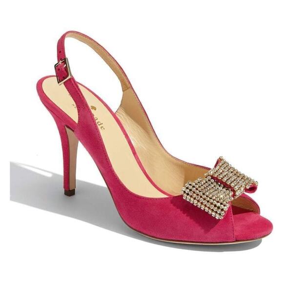 Kate Spade Crown Heels Fuchsia Suede w/ Crystal Bow Pink 8.5 B In Box/Bag $398 - Picture 10 of 12